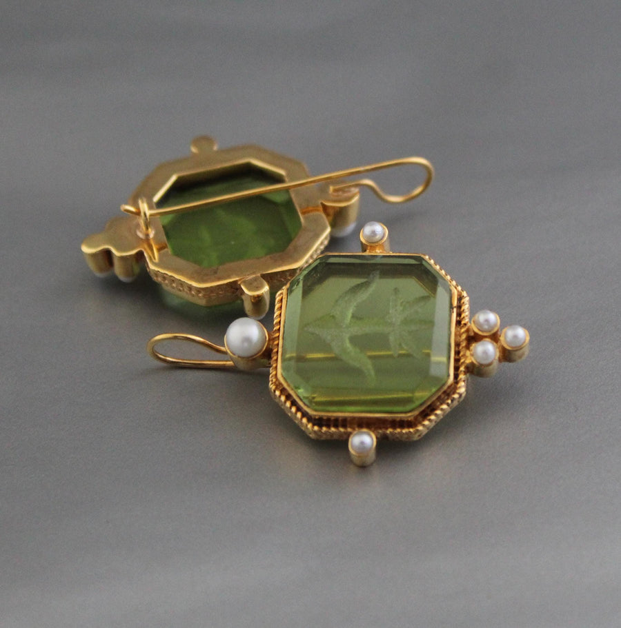 Green Square Intaglio Earrings, 1920s Art Deco Pearl Drops, Gold Plated, photo 6