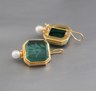 Green Glass Intaglio Earrings, Victorian Art Deco, 14K Gold, photo 6