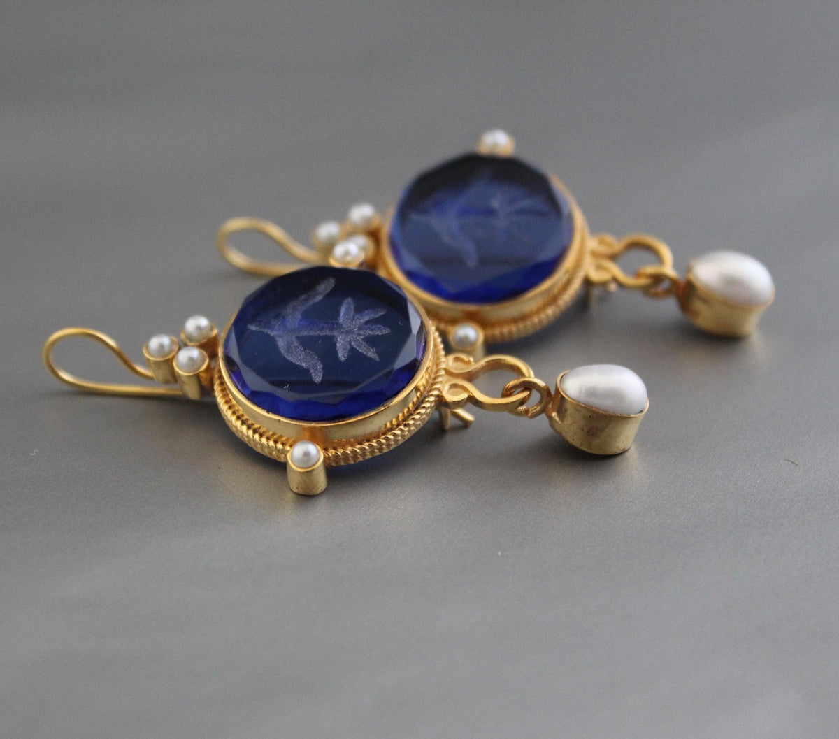 Blue Glass Intaglio Earrings, Vintage Bridal Pearl Drops, Brass, photo 4