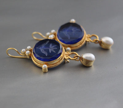 Blue Glass Intaglio Earrings, Vintage Bridal Pearl Drops, Brass, photo 4