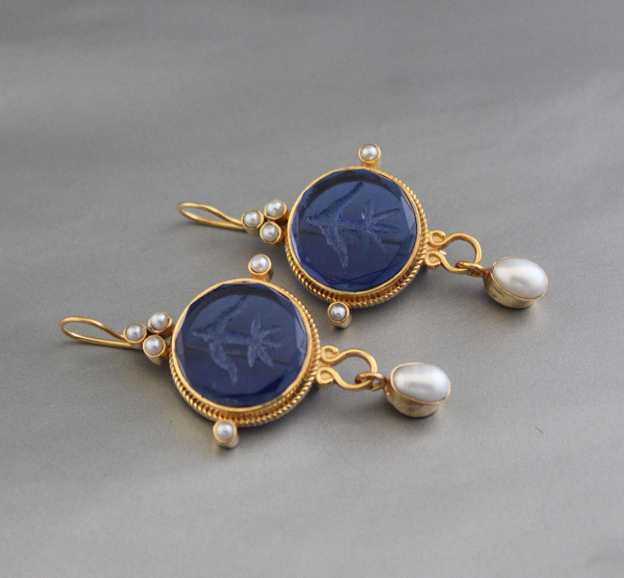 Blue Glass Intaglio Earrings, Vintage Bridal Pearl Drops, Brass, photo 5