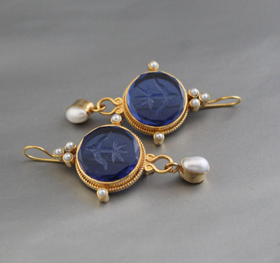 Blue Glass Intaglio Earrings, Vintage Bridal Pearl Drops, Brass, photo 6
