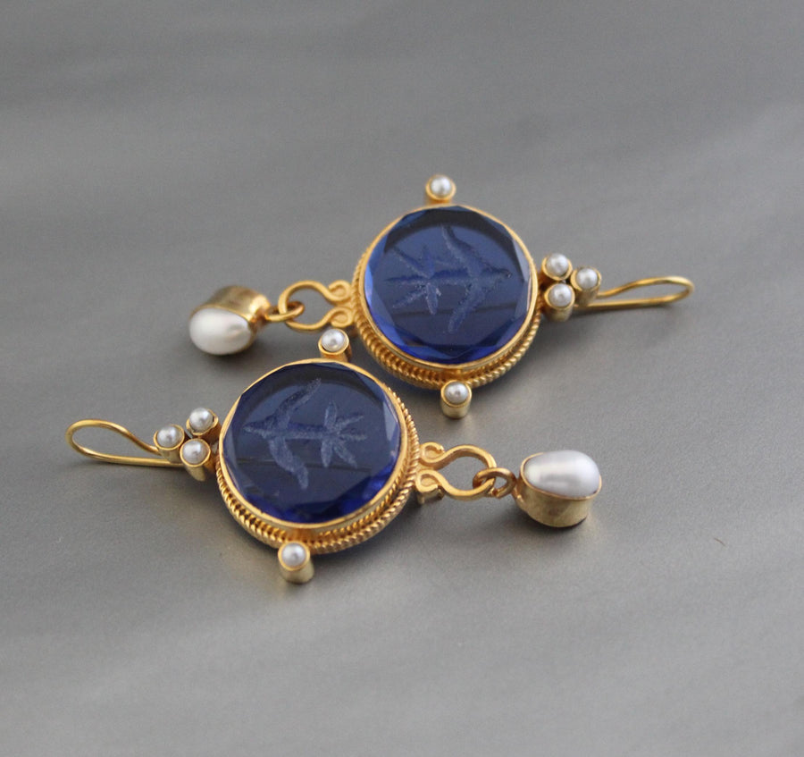 Blue Glass Intaglio Earrings, Vintage Bridal Pearl Drops, Brass, photo 6