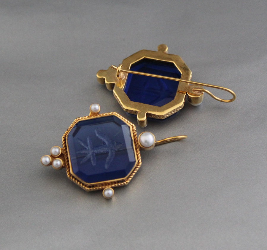 Blue Glass Intaglio Earrings, Victorian Dangles with Pearls, Brass, photo 5