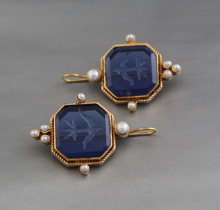 Blue Glass Intaglio Earrings, Victorian Dangles with Pearls, Brass, photo 6