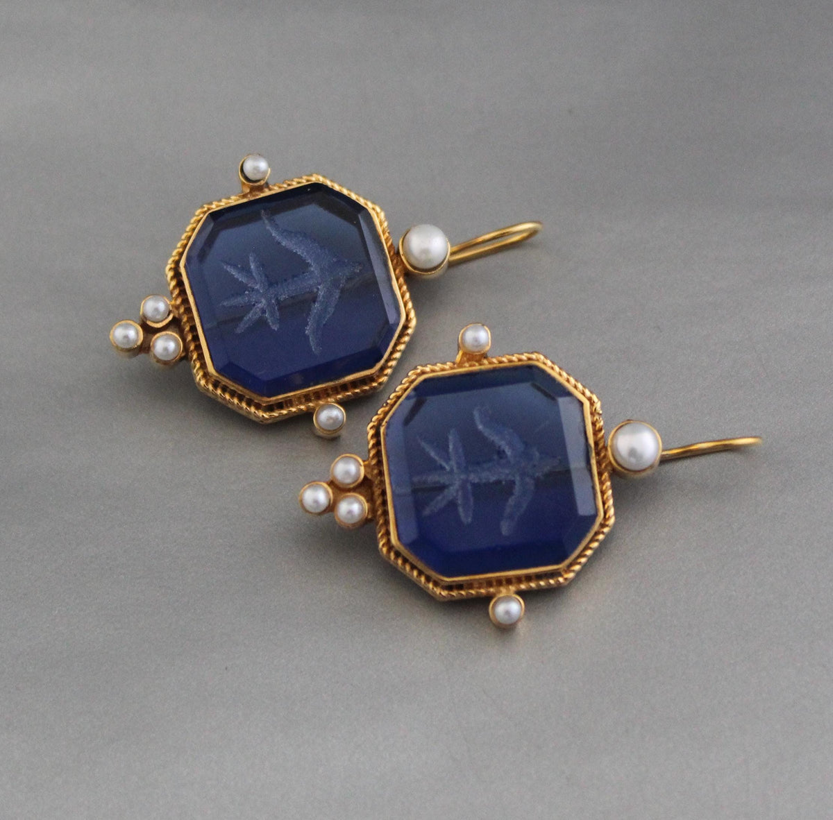 Blue Glass Intaglio Earrings, Victorian Dangles with Pearls, Brass