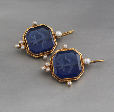 Blue Glass Intaglio Earrings, Victorian Dangles with Pearls, Brass