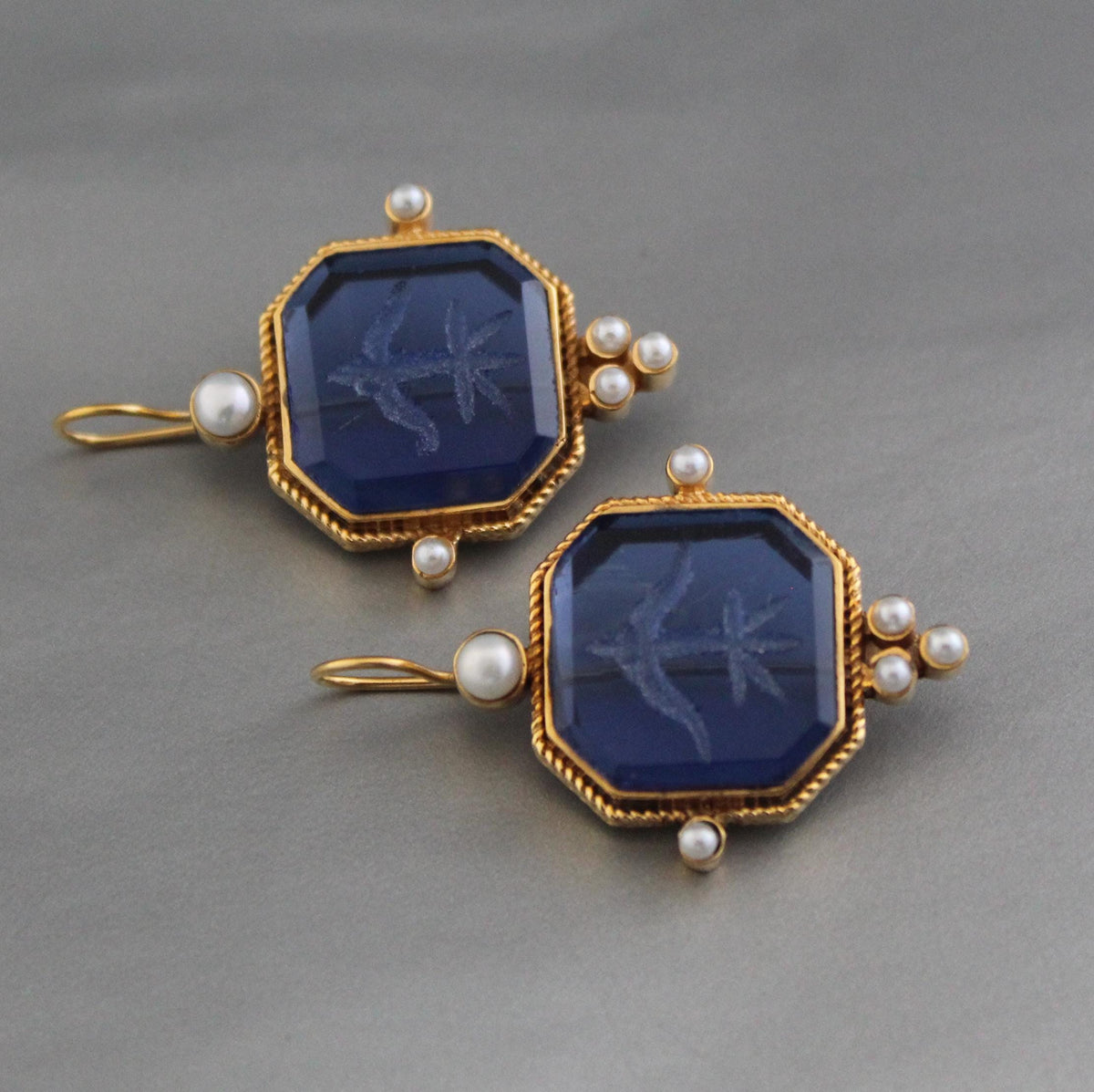 Blue Glass Intaglio Earrings, Victorian Dangles with Pearls, Brass, photo 2