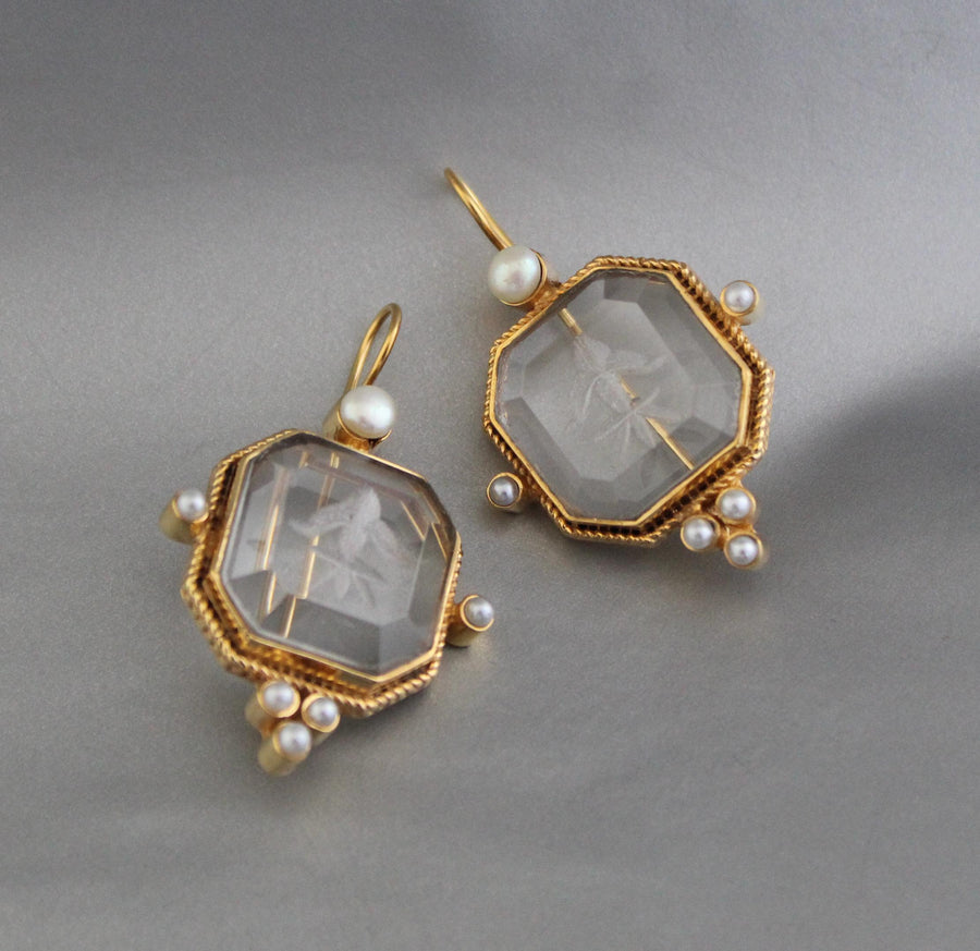 Intaglio Glass Earrings, Victorian Art Deco Style, 18K Gold Vermeil, photo 8
