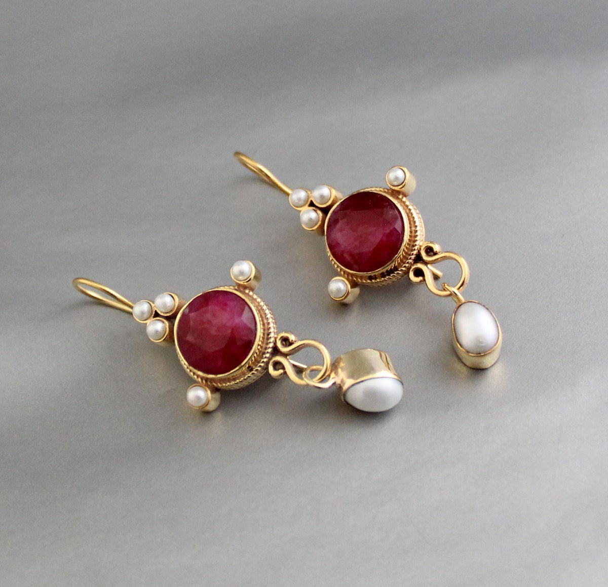 Ruby and Pearl Dangle Earrings, Victorian Bridal, 14K Gold, photo 2