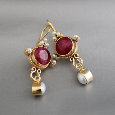 Ruby and Pearl Dangle Earrings, Victorian Bridal, 14K Gold, photo 8
