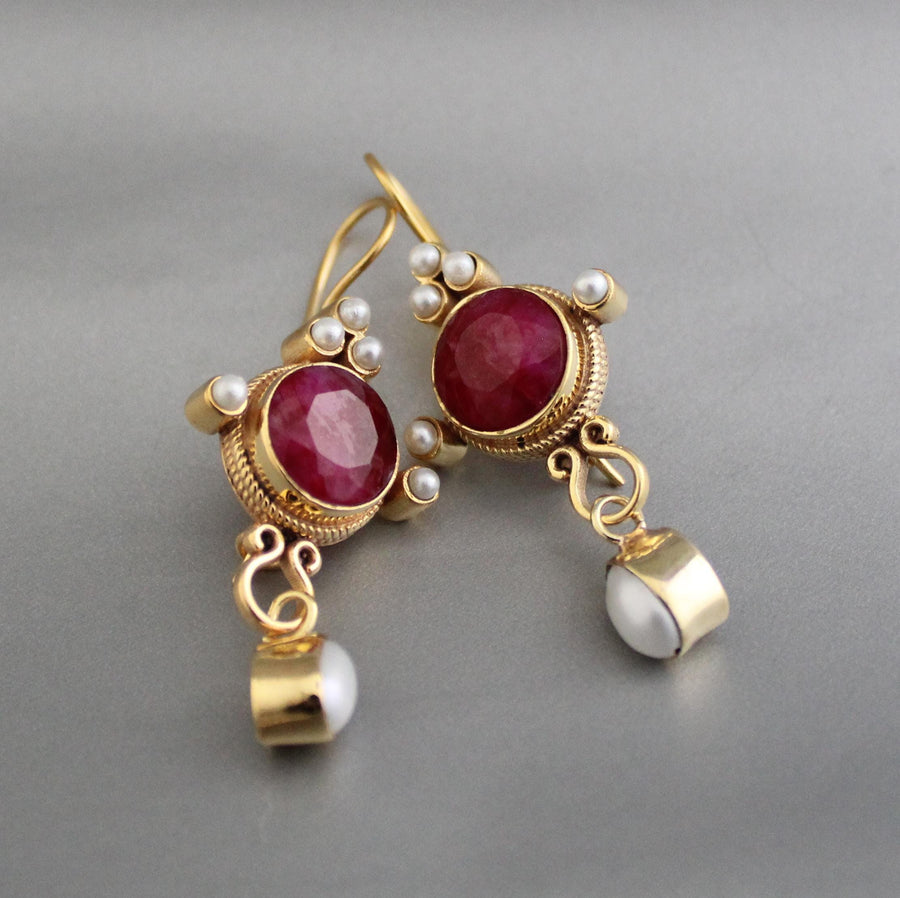 Ruby and Pearl Dangle Earrings, Victorian Bridal, 14K Gold, photo 8