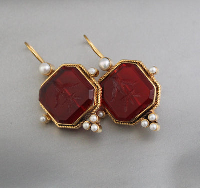 Red Intaglio Crystal Earrings, Victorian Style, 18K Gold, photo 5