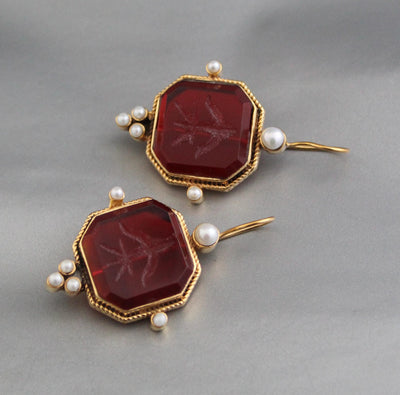 Red Intaglio Crystal Earrings, Victorian Style, 18K Gold, photo 6