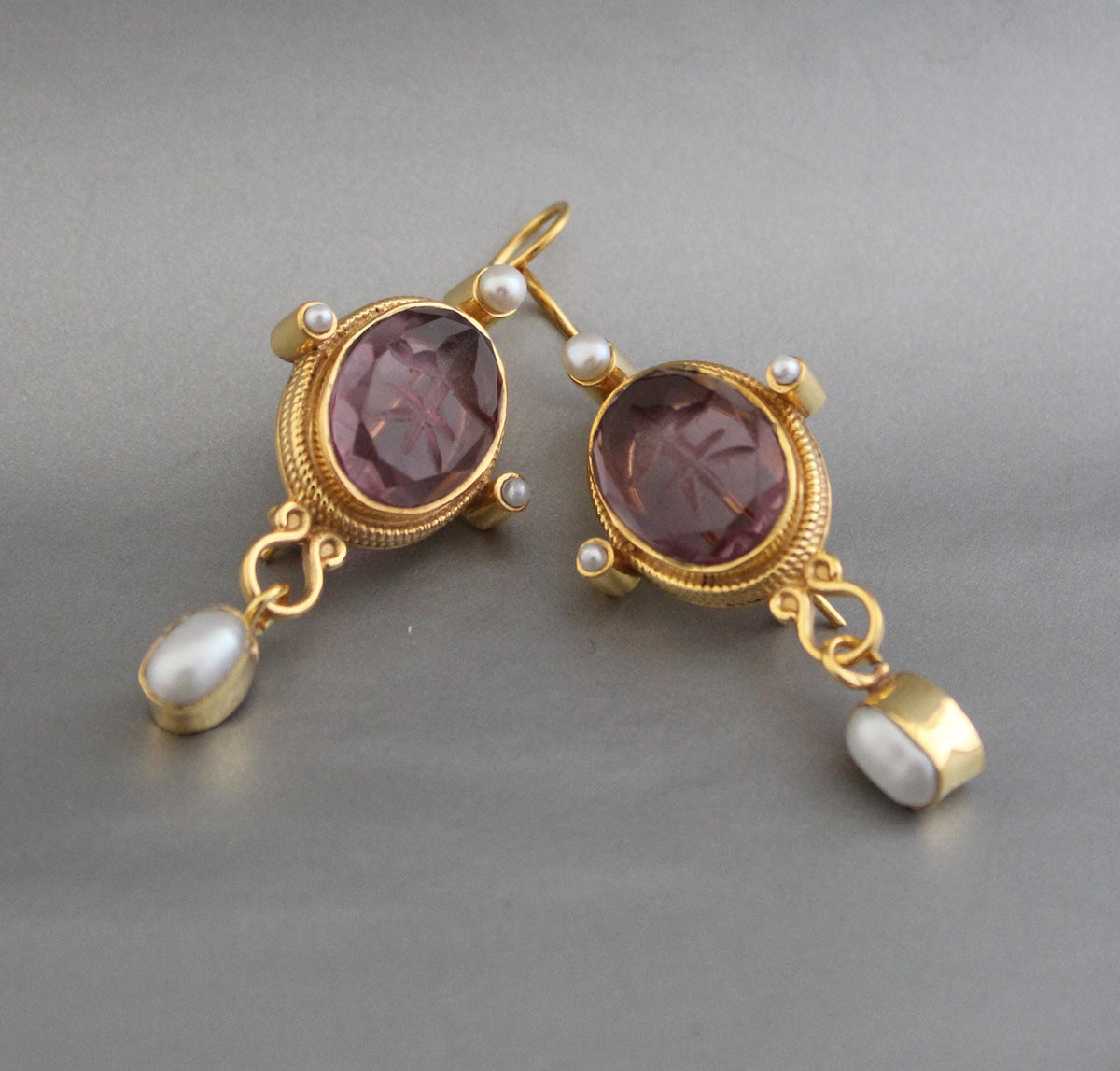 Purple Glass Intaglio Earrings, Vintage Style, photo 9