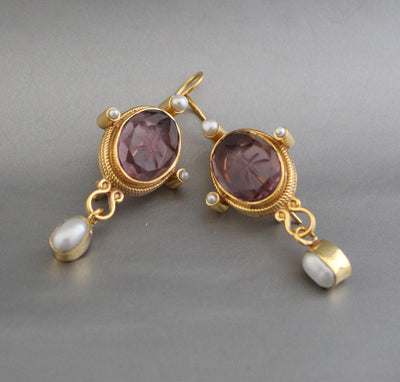 Purple Glass Intaglio Earrings, Vintage Style, photo 9