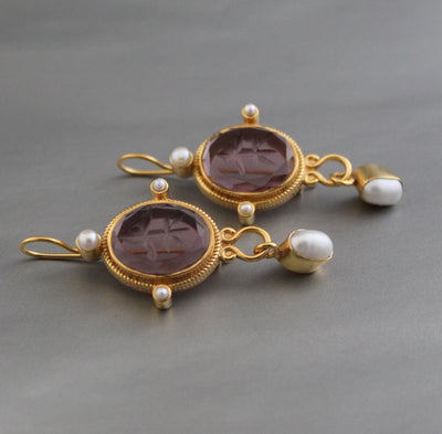 Purple Glass Intaglio Earrings, Vintage Style, photo 4