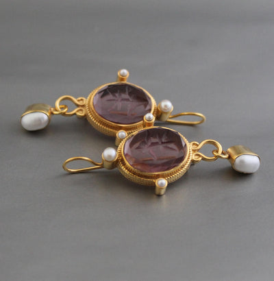 Purple Glass Intaglio Earrings, Vintage Style, photo 5