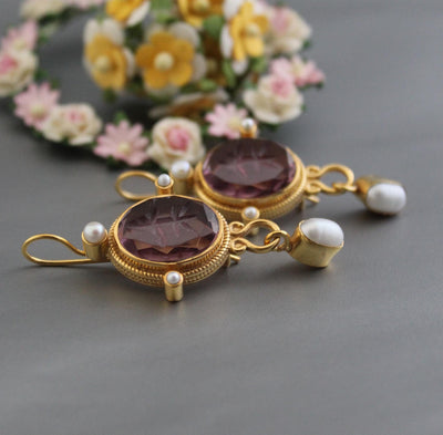 Purple Glass Intaglio Earrings, Vintage Style, photo 2