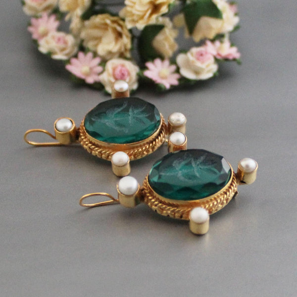 Green Glass Intaglio Earrings, Edwardian Style, Gold Vermeil with Pearls