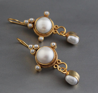 Intaglio Pearl Earrings, 1920s Vintage Style, Gold, photo 7