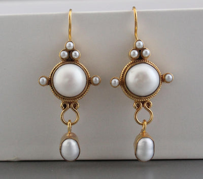 Intaglio Pearl Earrings, 1920s Vintage Style, Gold, photo 5