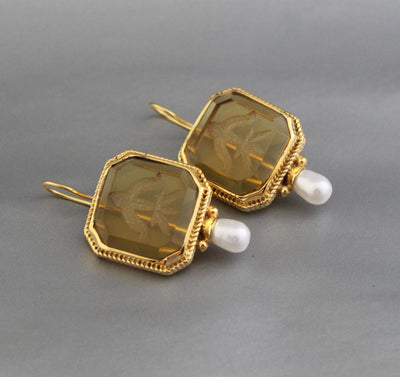 Yellow Intaglio Earrings, Victorian Art Deco Style, Brass, photo 2