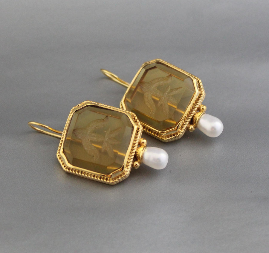 Yellow Intaglio Earrings, Victorian Art Deco Style, Brass, photo 2
