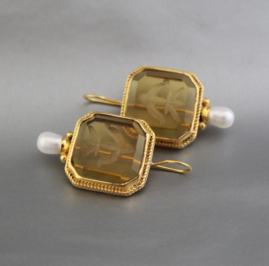Yellow Intaglio Earrings, Victorian Art Deco Style, Brass, photo 8