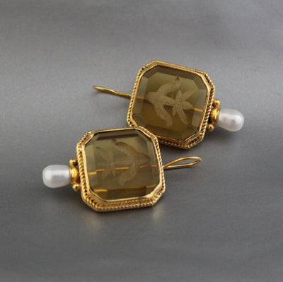 Yellow Intaglio Earrings, Victorian Art Deco Style, Brass, photo 7