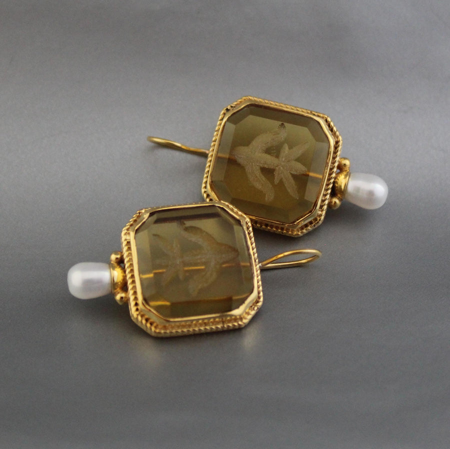 Yellow Intaglio Earrings, Victorian Art Deco Style, Brass, photo 7