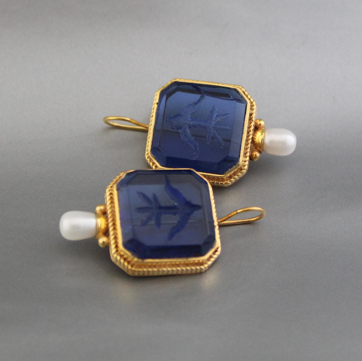 Indigo Blue Intaglio Earrings, Antique Victorian Style, Gold, photo 9