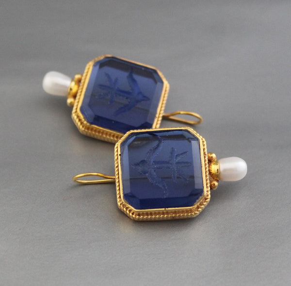 Indigo Blue Intaglio Earrings, Antique Victorian Style, Gold