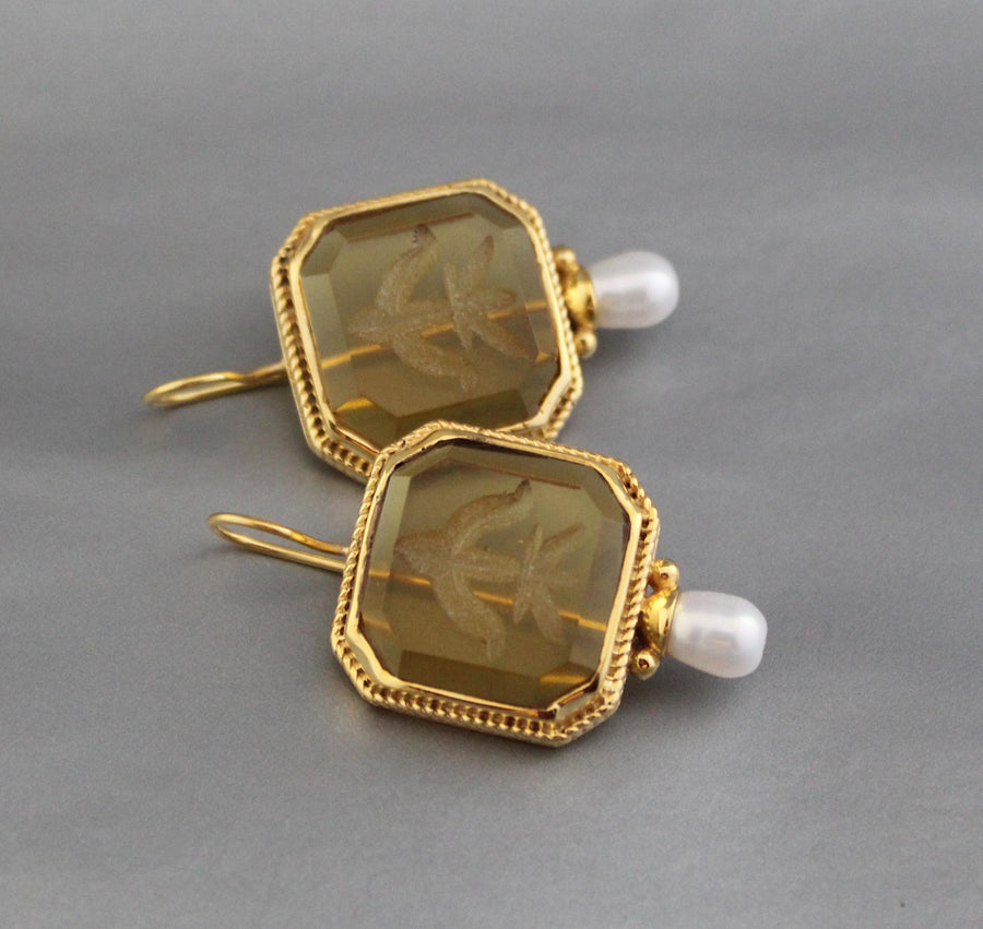 Yellow Intaglio Earrings, Victorian Art Deco Style, Brass, photo 10
