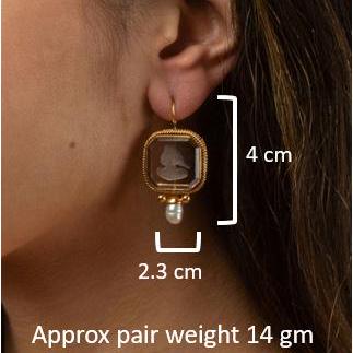 Indigo Blue Intaglio Earrings, Antique Victorian Style, Gold, photo 3