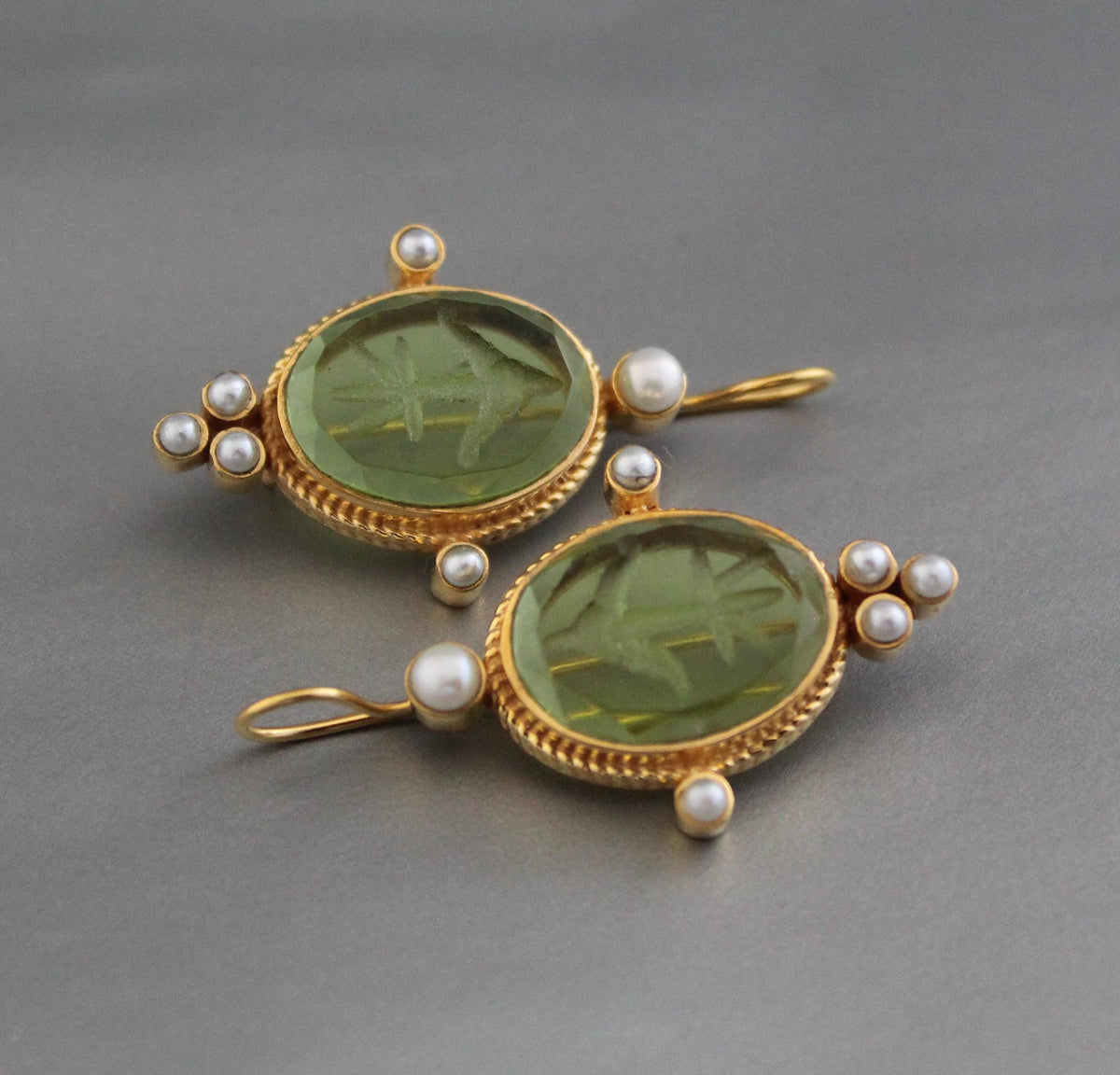 Green Intaglio Earrings, Victorian Style, Dainty Gold, photo 2