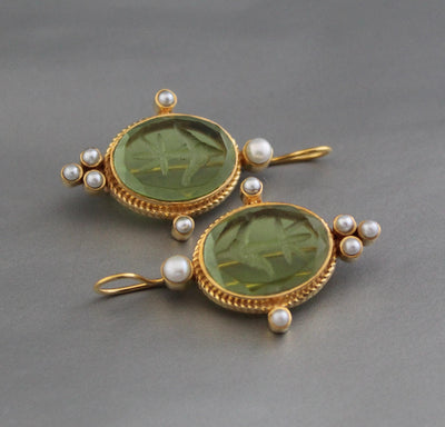 Green Intaglio Earrings, Victorian Style, Dainty Gold, photo 2