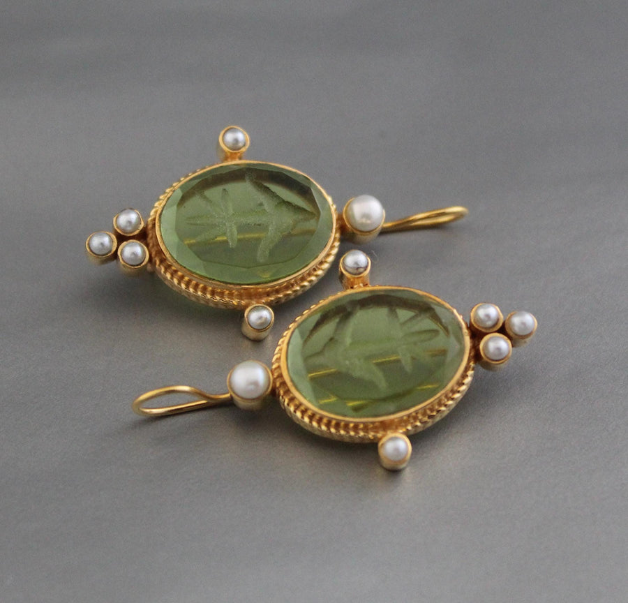 Green Intaglio Earrings, Victorian Style, Dainty Gold, photo 2