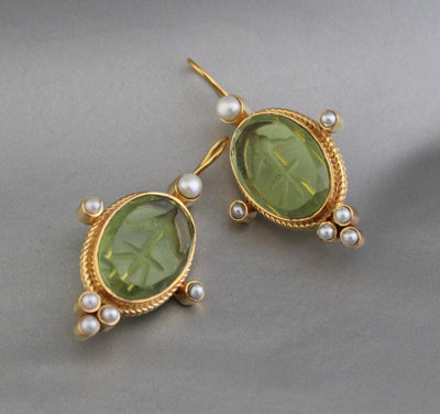 Green Intaglio Earrings, Victorian Style, Dainty Gold, photo 7