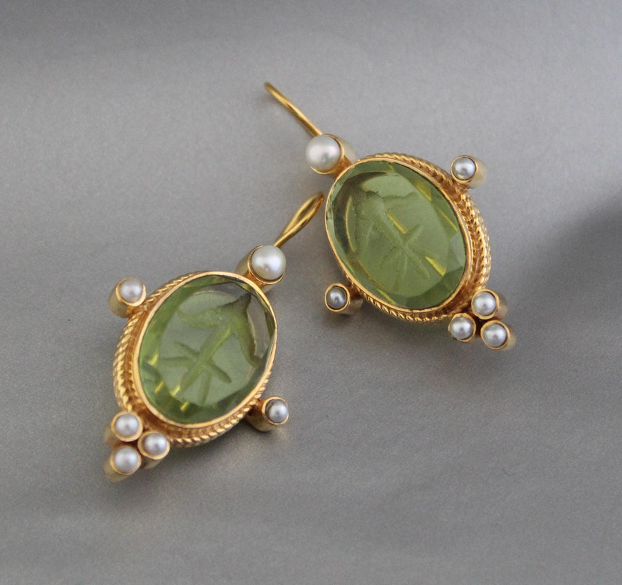 Green Intaglio Earrings, Victorian Style, Dainty Gold, photo 7