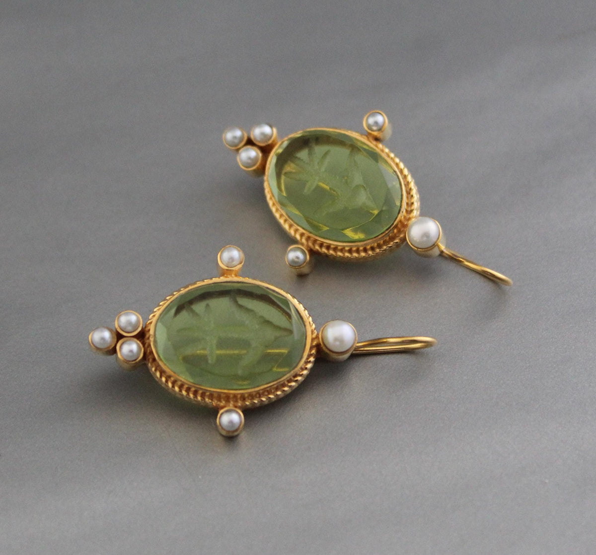 Green Intaglio Earrings, Victorian Style, Dainty Gold, photo 10