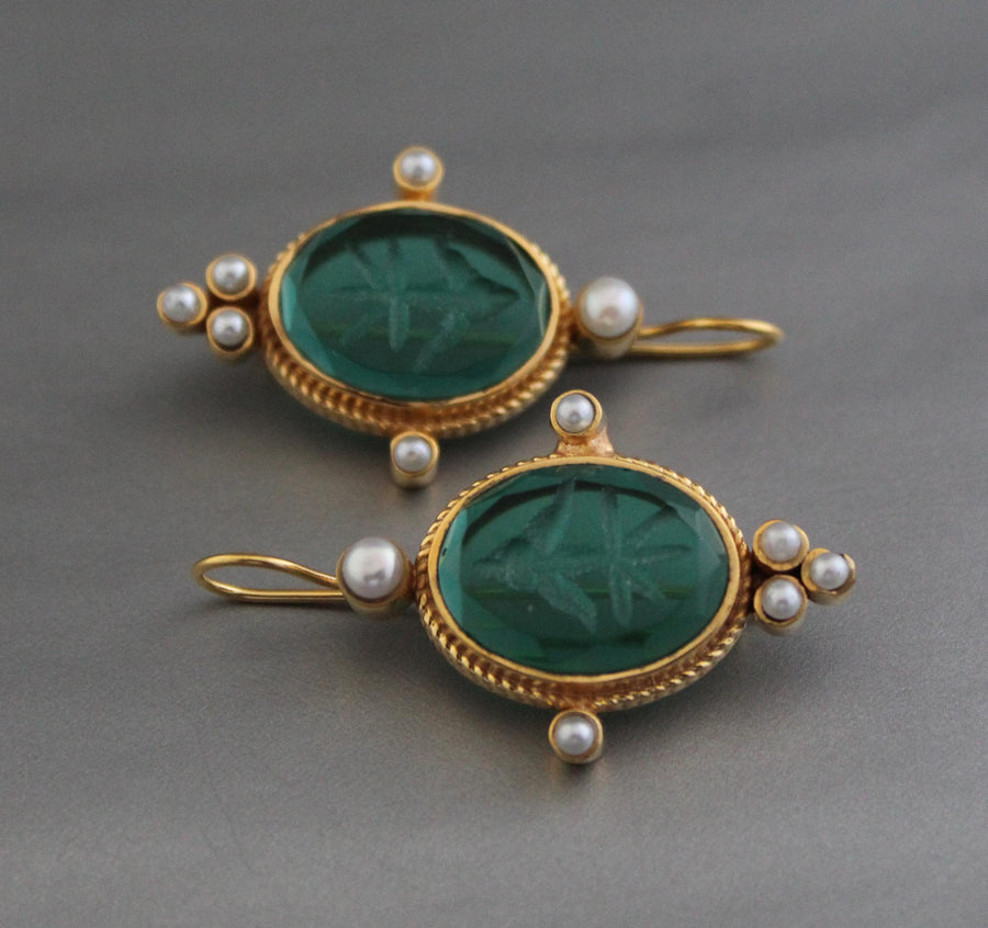 Green Glass Intaglio Earrings, Victorian Style Drops, Gold Vermeil, photo 2