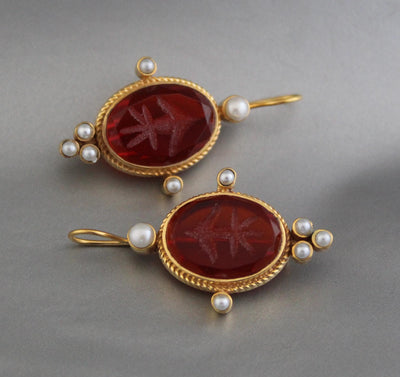 Red Intaglio Crystal Earrings, Art Deco Style, 18K Gold Vermeil, photo 5
