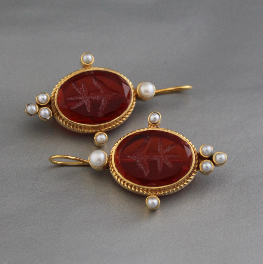 Red Intaglio Crystal Earrings, Art Deco Style, 18K Gold Vermeil