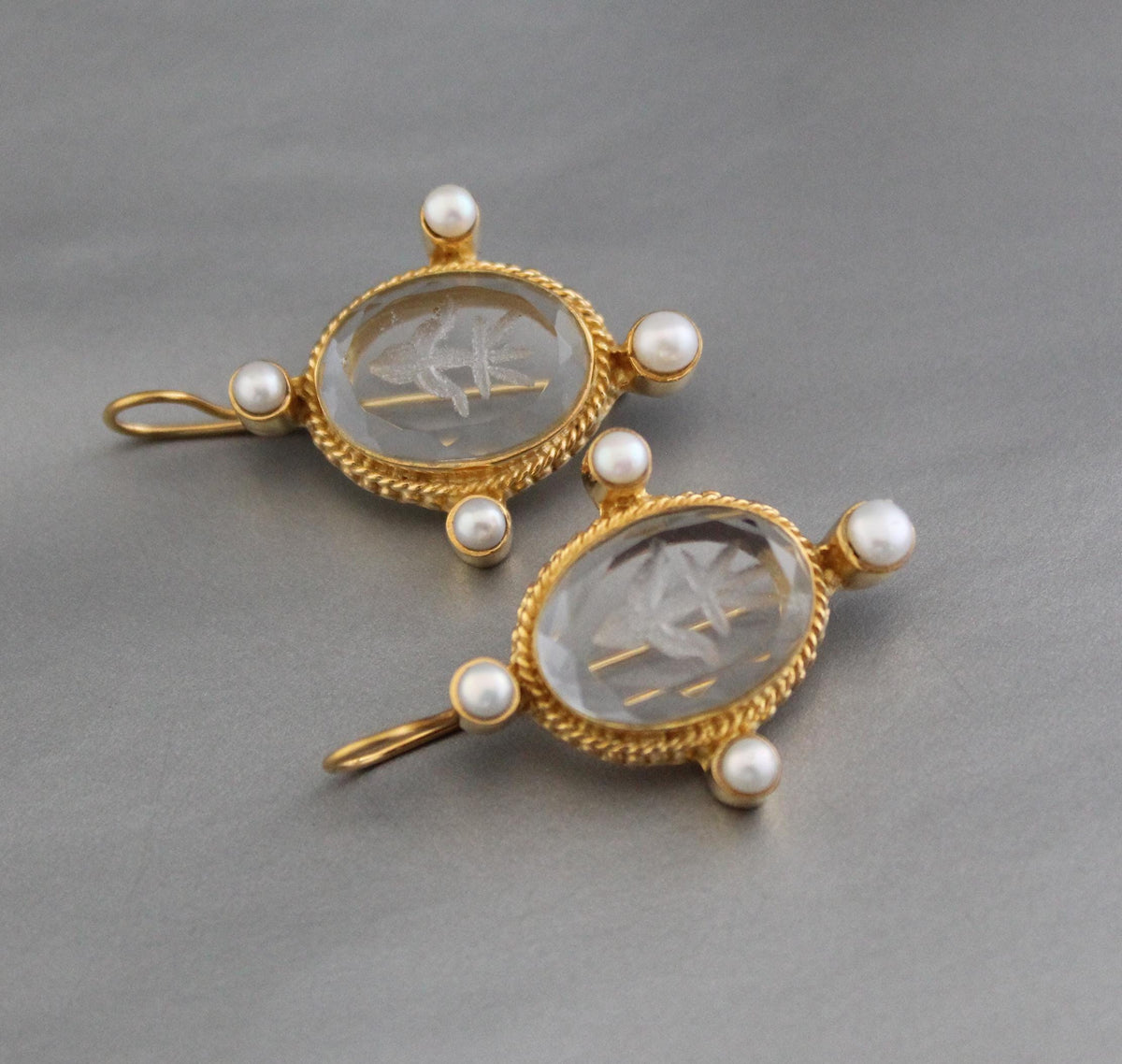 Clear Fleur-de-lis Intaglio Earrings, Carved Glass Pearl Drops, Gold Plated