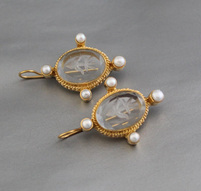 Clear Fleur-de-lis Intaglio Earrings, Carved Glass Pearl Drops, Gold Plated