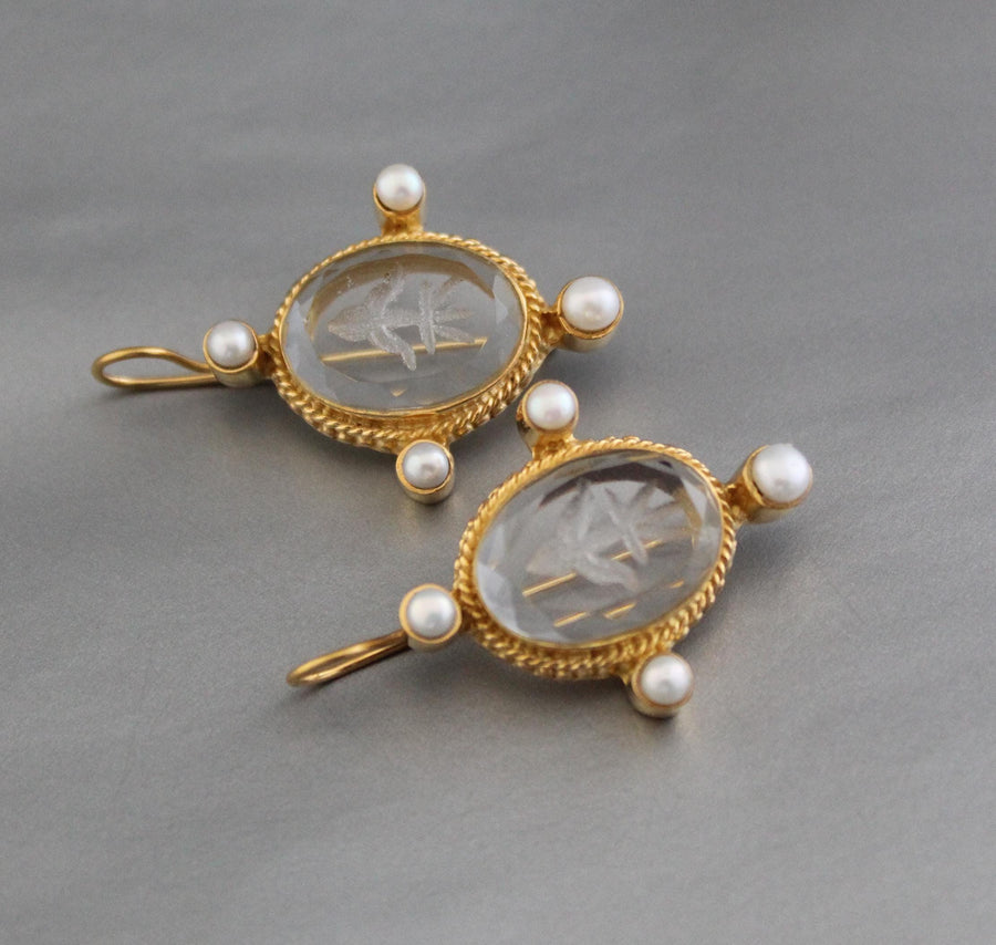 Clear Fleur-de-lis Intaglio Earrings, Carved Glass Pearl Drops, Gold Plated
