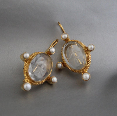 Clear Fleur-de-lis Intaglio Earrings, Carved Glass Pearl Drops, Gold Plated, photo 9
