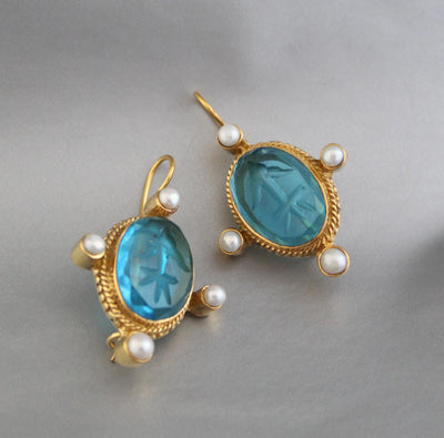 Blue Glass Intaglio Earrings, 1920s Oval Drops, Brass, photo 6