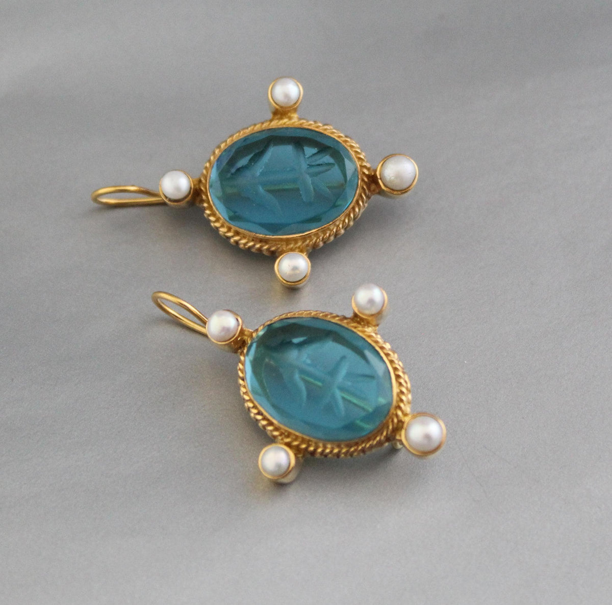 Blue Glass Intaglio Earrings, 1920s Oval Drops, Brass, photo 10